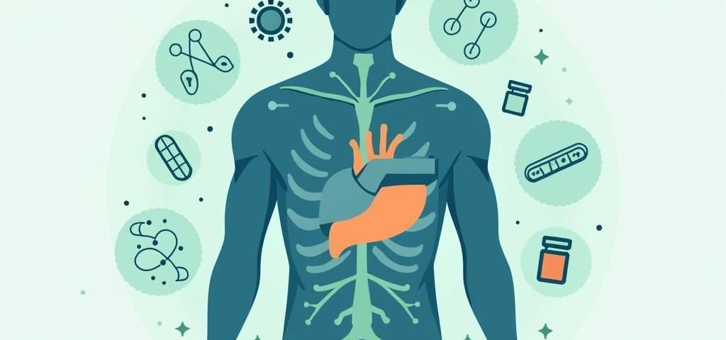Silhouette muže s vyznačením oblasti pánve a srdce, symbolizující kardiovaskulární a hormonální zdraví, doplněná ikonami léků a symboly testosteronu pro ilustraci problémů s erekcí a jejich léčby